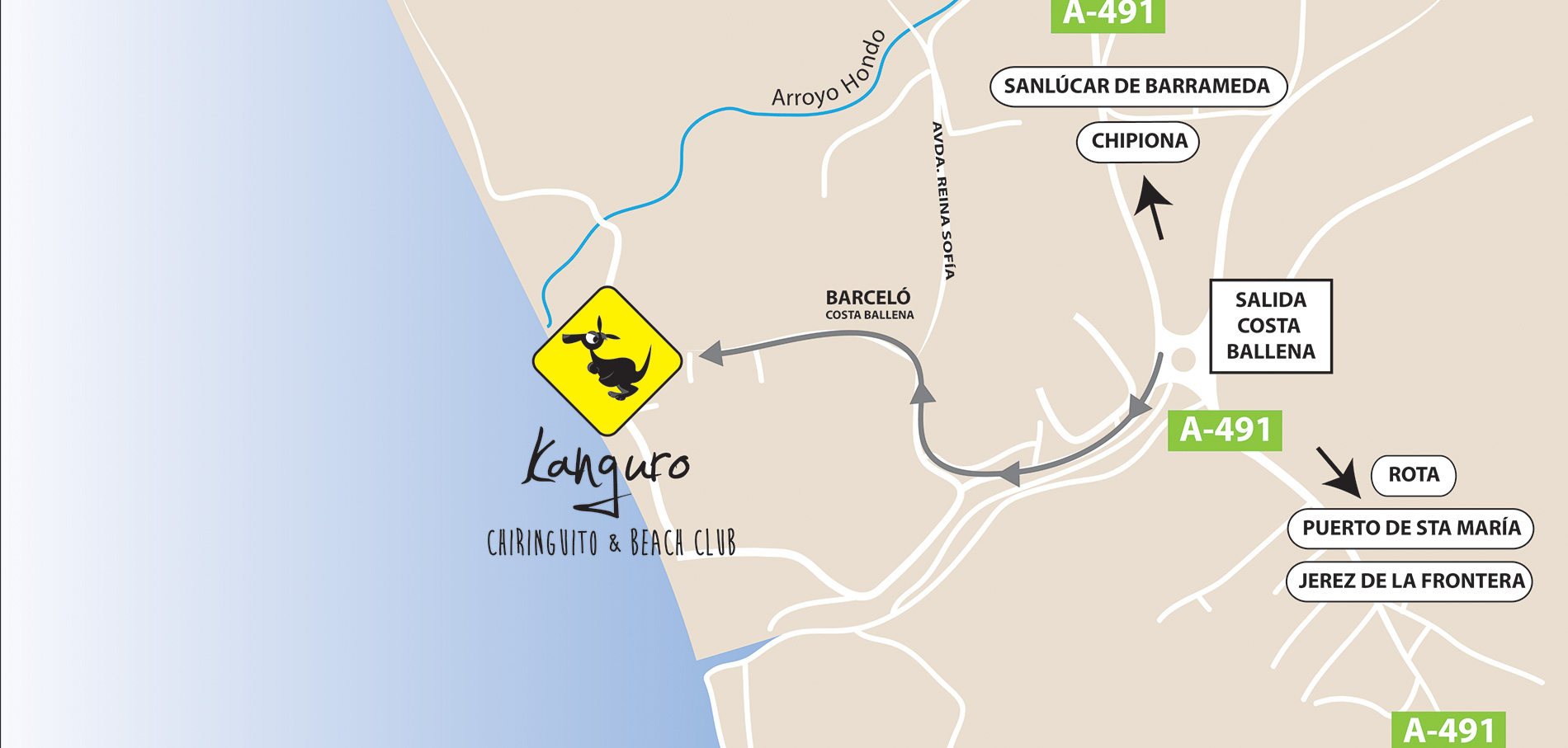 Plano de acceso a Kanguro Chiringuito en Costa Ballena desde la A-491
